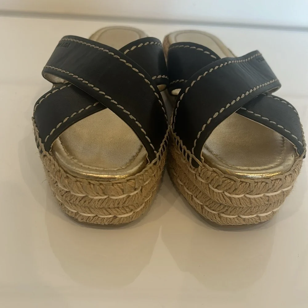 Prada Black Leather Espadrille Platform Sandals with Gold Footbed